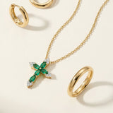 Emerald and White Sapphire Cross Pendant in Solid 10k Yellow Gold