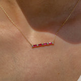 Alternating Emerald Cut Ruby and Round White Sapphire Bar Necklace in Solid 10k Yellow Gold