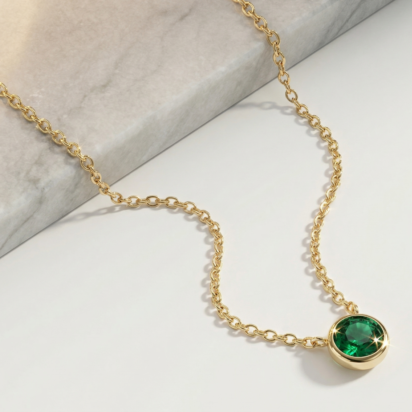 Emerald Station Necklace Bezel Set in Solid 14k Yellow Gold