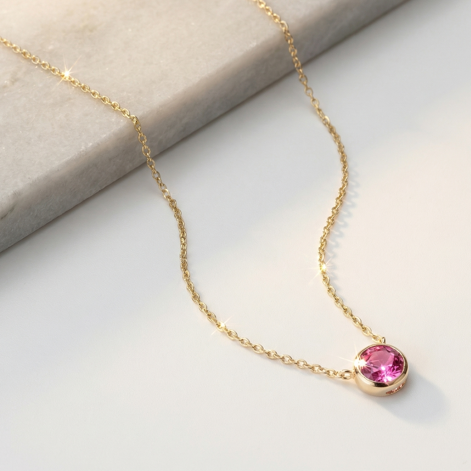 Pink Tourmaline Station Necklace Bezel Set in Solid 14k Yellow Gold