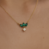 Emerald Marquise Flower & Princess Cut White Sapphire Dangle Necklace in Solid 10k Yellow Gold