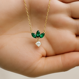 Emerald Marquise Flower & Princess Cut White Sapphire Dangle Necklace in Solid 10k Yellow Gold