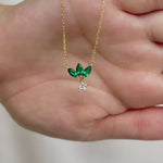 Emerald Marquise Flower & Princess Cut White Sapphire Dangle Necklace in Solid 10k Yellow Gold