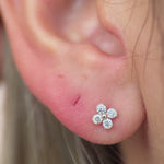 Beaded Four Petal Flower Diamond Flat Back Stud Earrings in Solid 14k White Gold