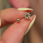 Blue Diamond Flower & Ball Reversible Huggie Hoop in Solid 14k Yellow Gold