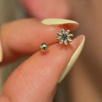 Blue Diamond Flower & Ball Reversible Huggie Hoop in Solid 14k Yellow Gold