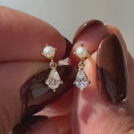 Pearl & Marquise Drop Flat Back Stud Earrings in Solid 14k White Gold