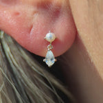 Pearl & Marquise Drop Flat Back Stud Earrings in Solid 14k Yellow Gold