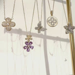 Amethyst and White Sapphire Double Flower Drop Pendant in Solid 10k Yellow Gold
