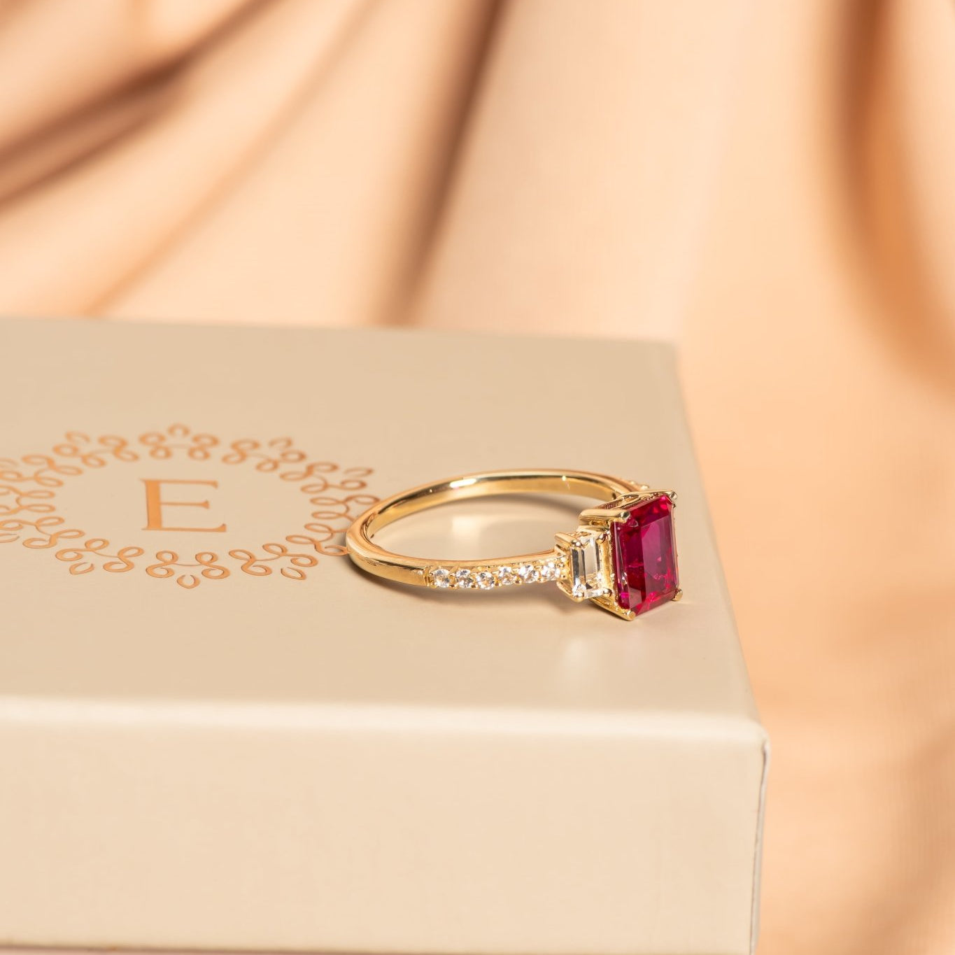 Three Stone Emerald Cut Ruby Ring with White Sapphire Band Rings Estella Collection #product_description# 32749 Made to Order Ruby Vday15 #tag4# #tag5# #tag6# #tag7# #tag8# #tag9# #tag10#
