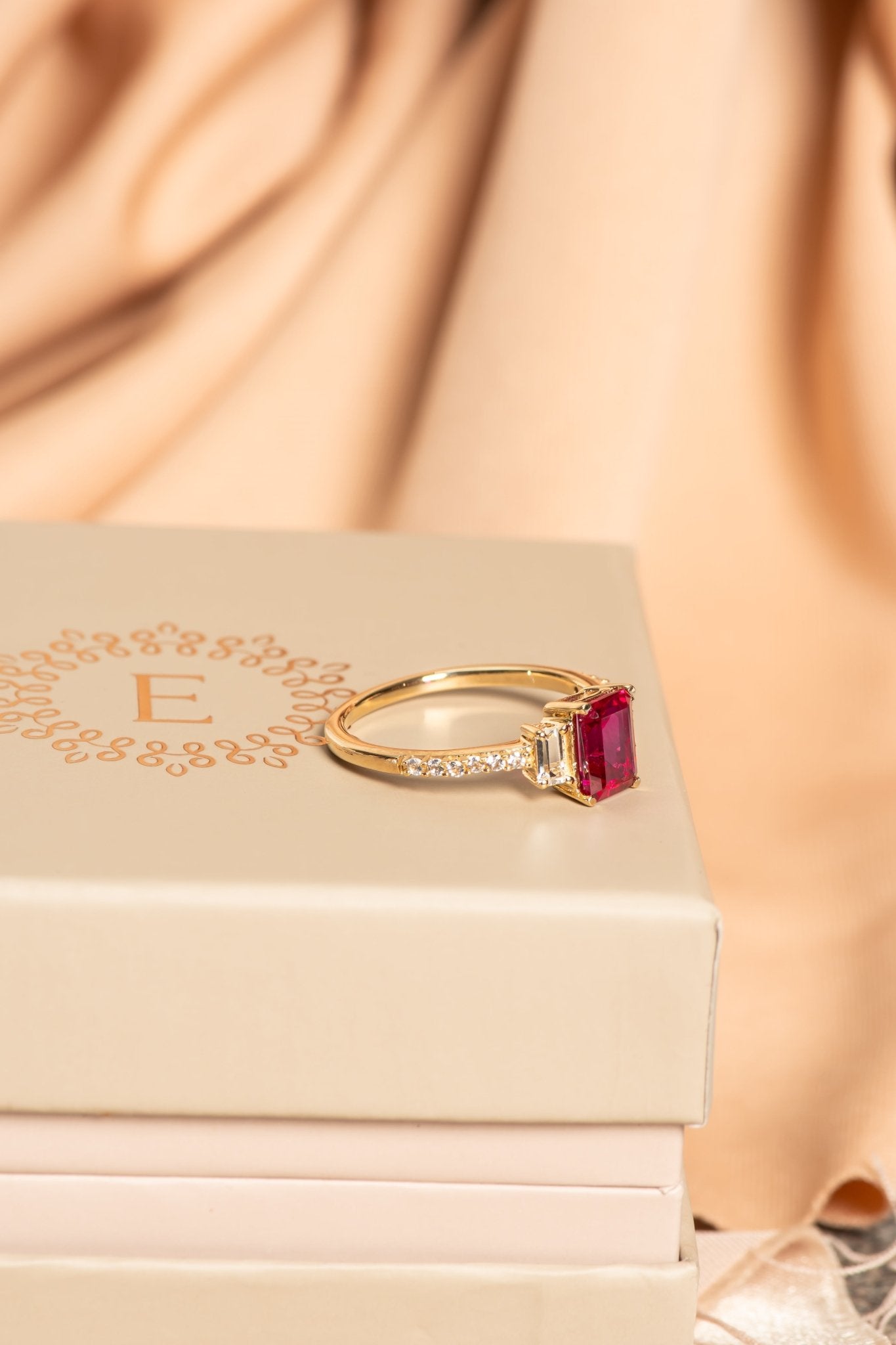 Three Stone Emerald Cut Ruby Ring with White Sapphire Band Rings Estella Collection #product_description# 32749 Made to Order Ruby Vday15 #tag4# #tag5# #tag6# #tag7# #tag8# #tag9# #tag10#