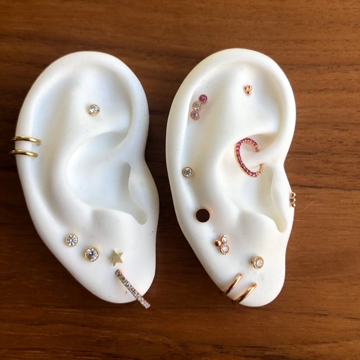 two white ear lobe models with studs