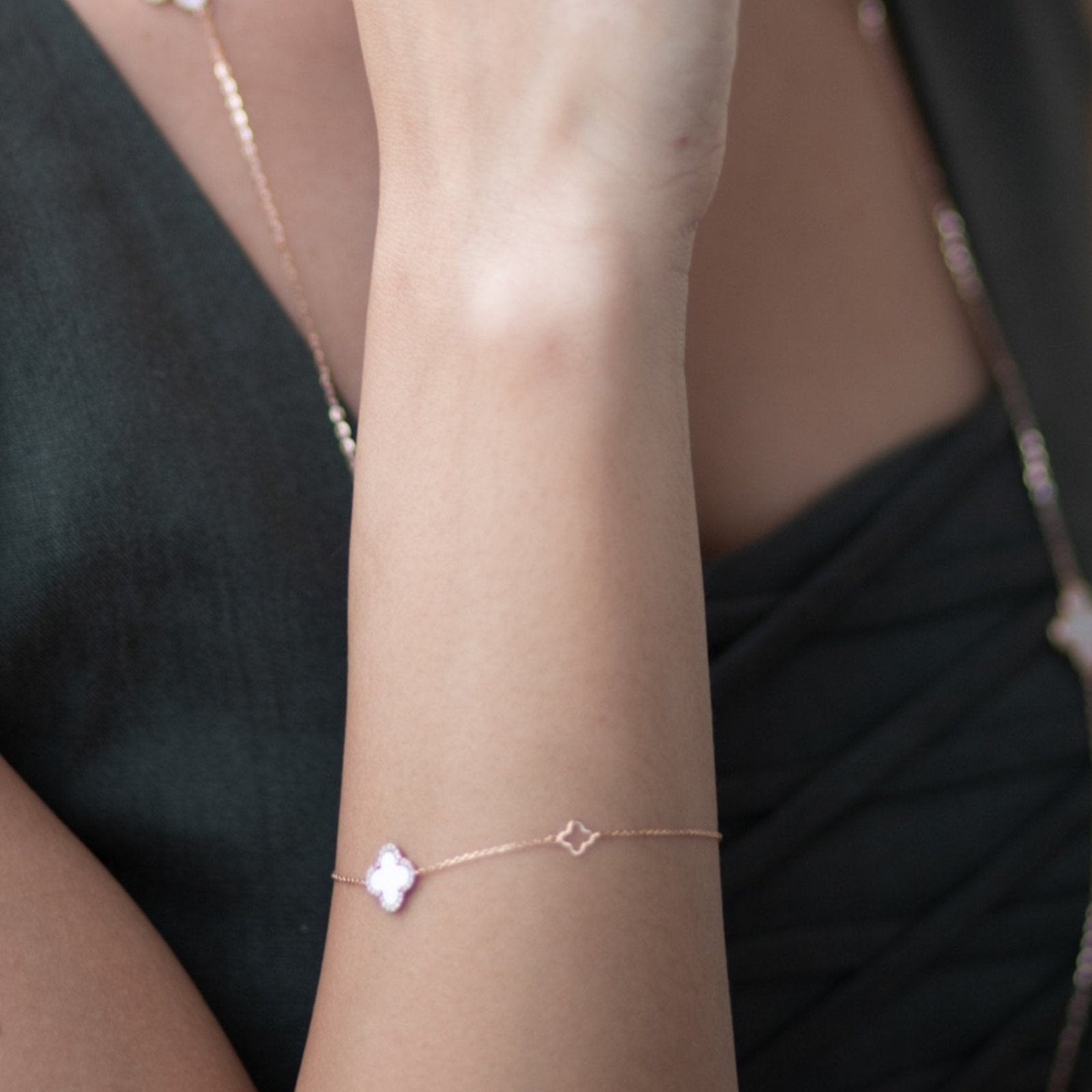 Mini Mother of Pearl and Diamond Halo Clover Station Bracelet Bracelets Estella Collection #product_description# 14k Birthstone Chain Bracelets #tag4# #tag5# #tag6# #tag7# #tag8# #tag9# #tag10#
