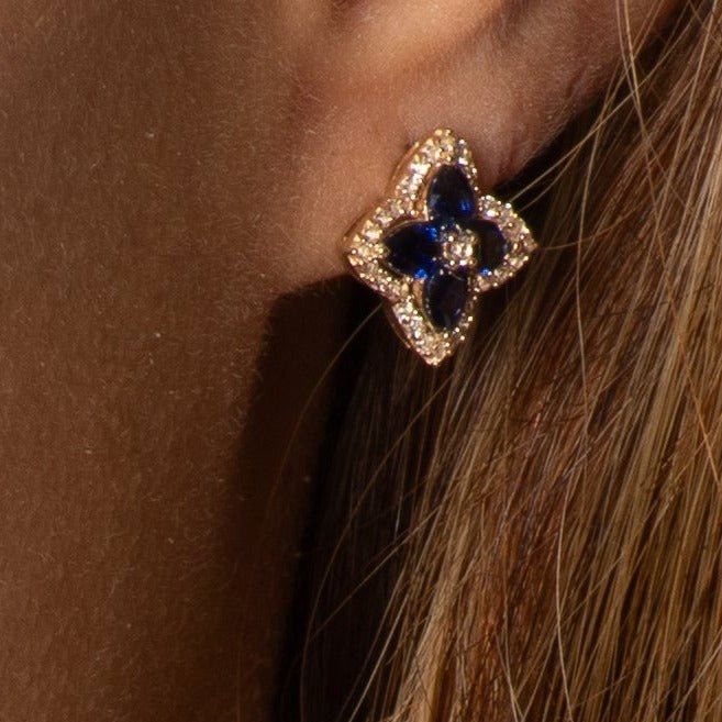 Blue Sapphire Clover Stud Earrings with White Sapphire Halo Earrings Estella Collection 32657 10k Birthstone blue #tag4# #tag5# #tag6# #tag7# #tag8# #tag9# #tag10#