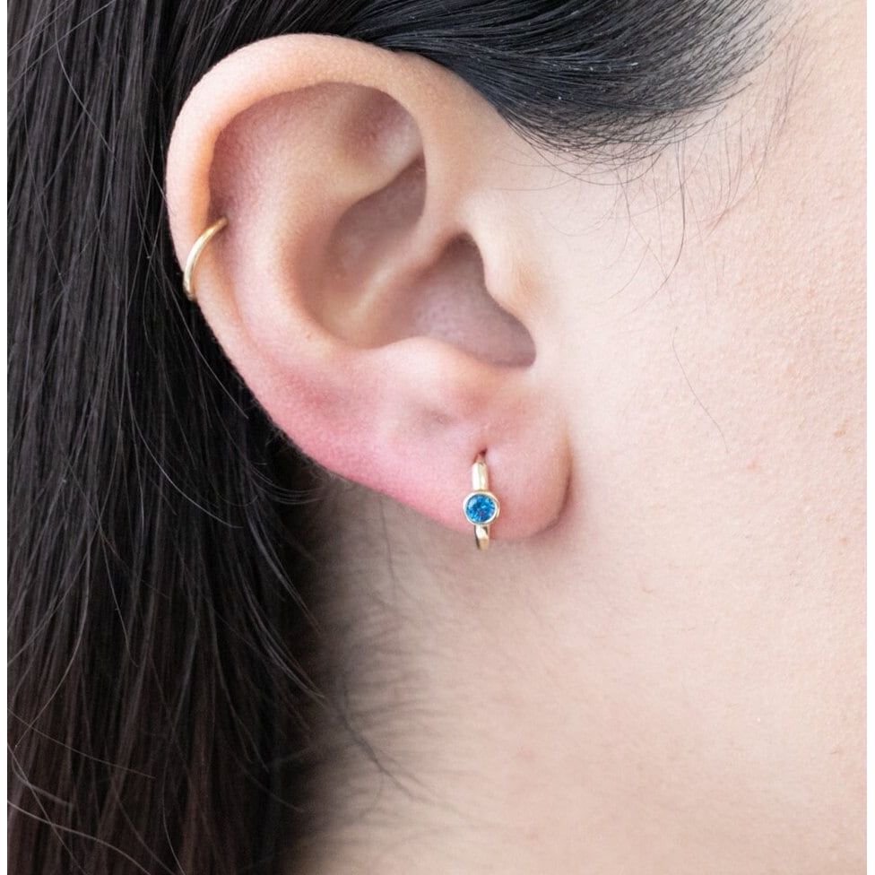 Bezel Set Blue Topaz Huggie in 14k Gold Earrings Estella Collection 18368 blue Blue Gemstone cartilage hoop #tag4# #tag5# #tag6# #tag7# #tag8# #tag9# #tag10# 6mm Single Hoop