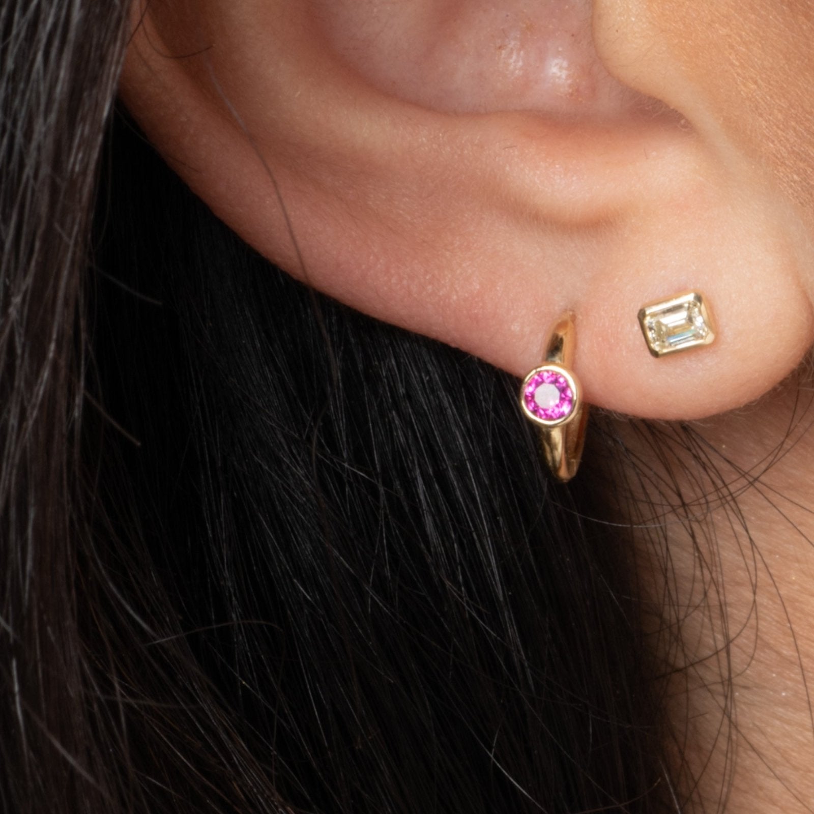 Bezel Set Ruby Huggie in 14k Gold Earrings Estella Collection #product_description# 18369 14k Birthstone cartilage hoop #tag4# #tag5# #tag6# #tag7# #tag8# #tag9# #tag10# 6mm Single Hoop