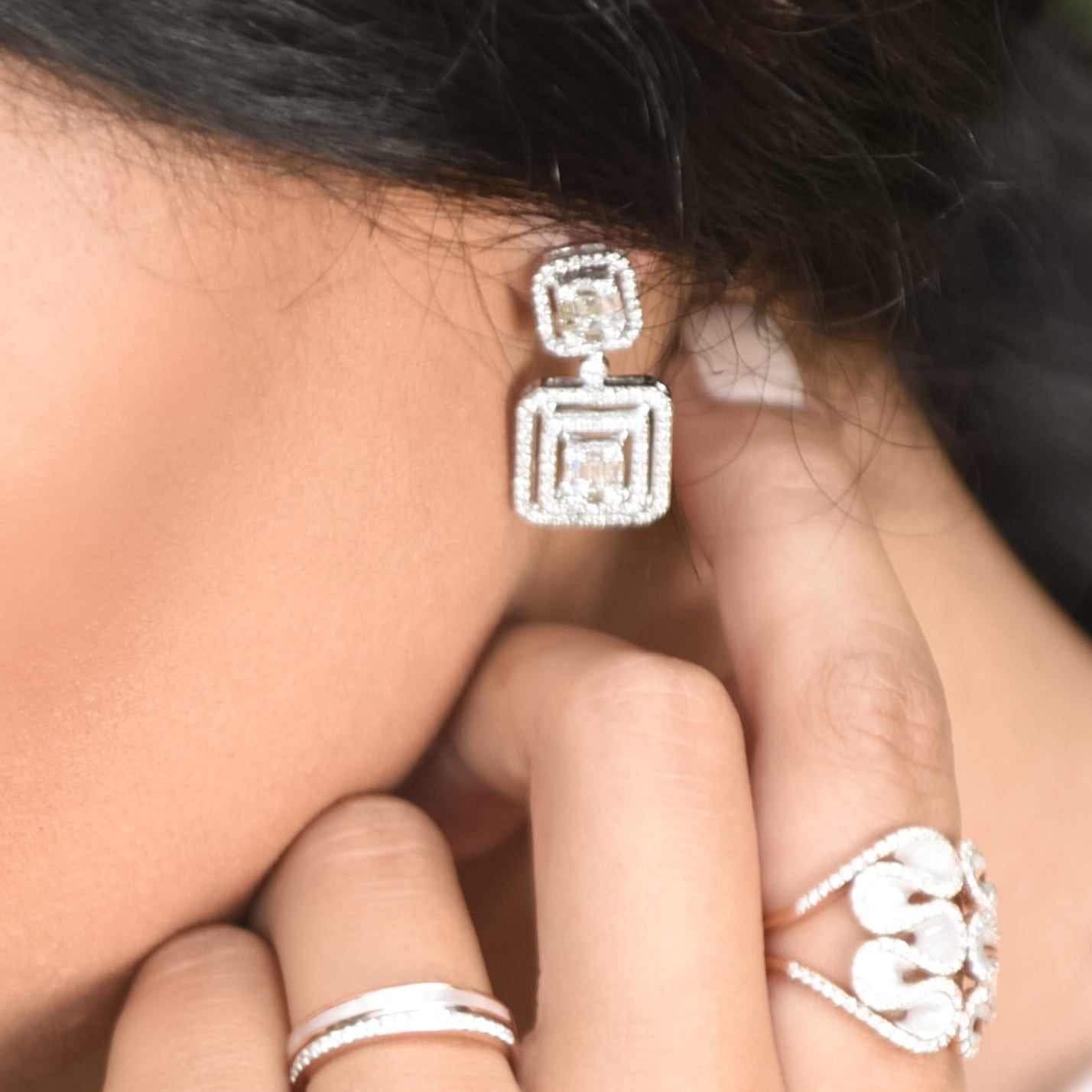 Double Baguette Diamond Halo Drop Earrings in Solid 18k White Gold Earrings Estella Collection #product_description# 18k Birthstone Birthstone Earrings #tag4# #tag5# #tag6# #tag7# #tag8# #tag9# #tag10#