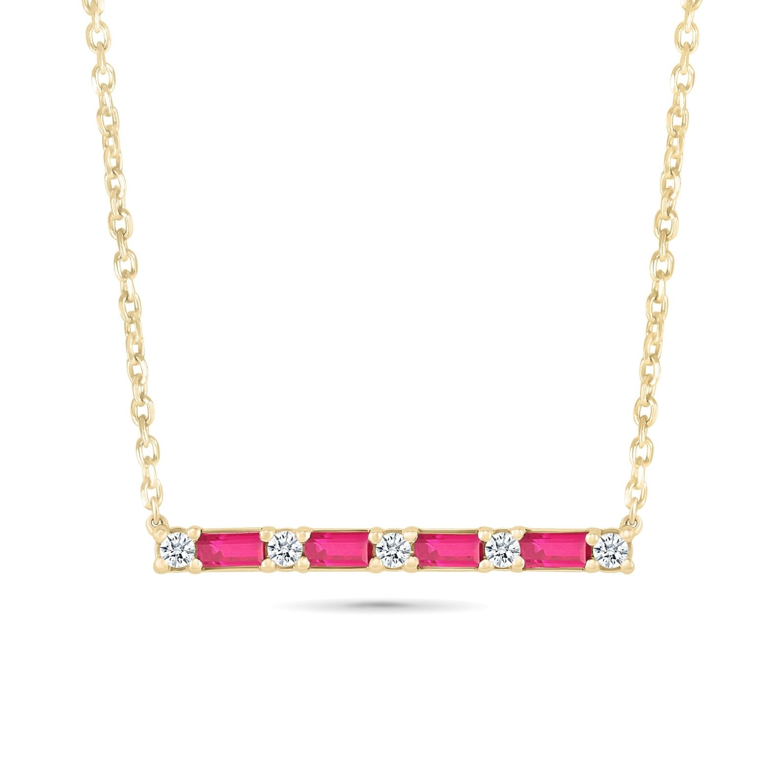 Alternating Emerald Cut Ruby and Round White Sapphire Bar Necklace in Solid 10k Yellow Gold