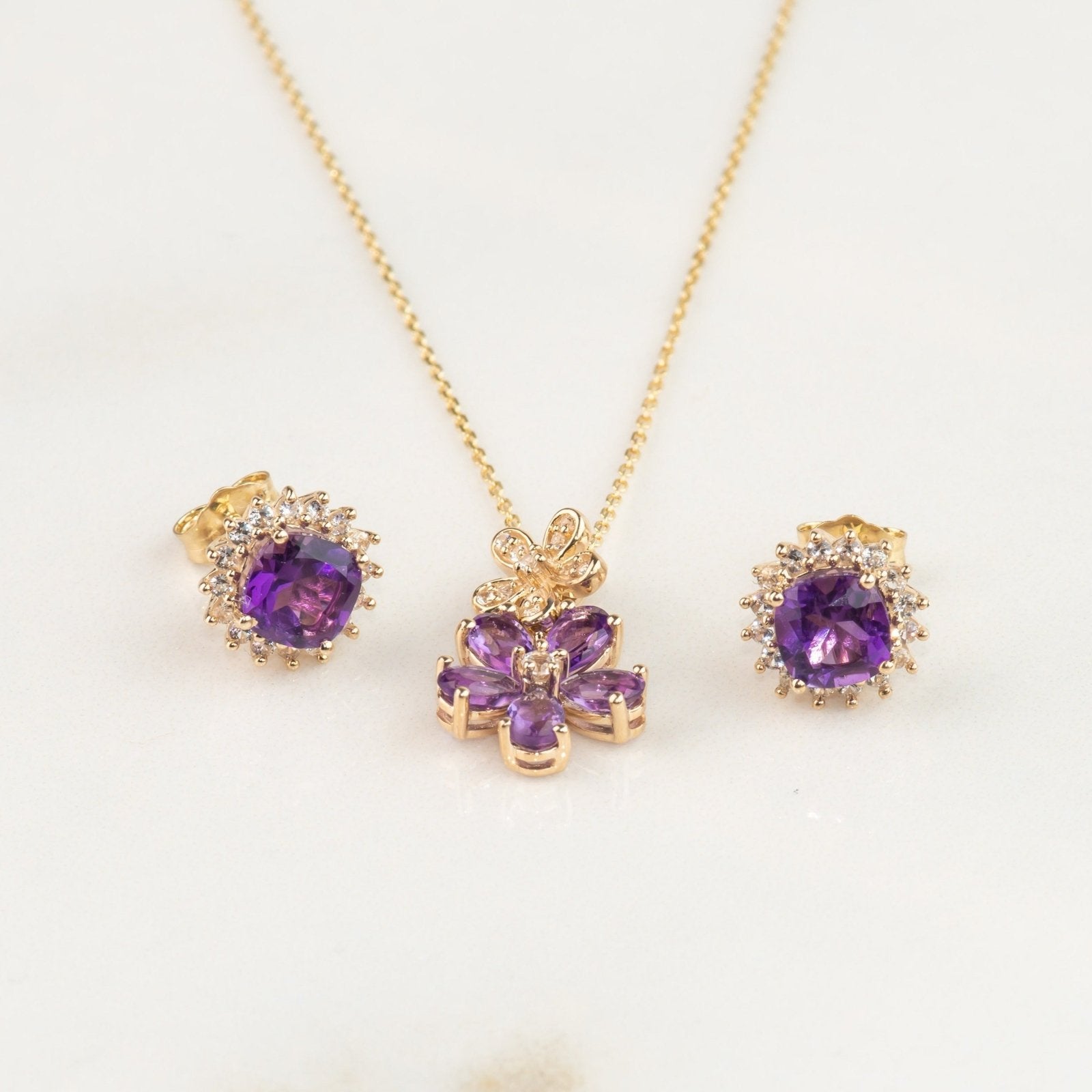 Double Flower Drop Pendant in Amethyst and White Sapphire Necklaces Estella Collection #product_description# 32733 10k Amethyst Birthstone #tag4# #tag5# #tag6# #tag7# #tag8# #tag9# #tag10#