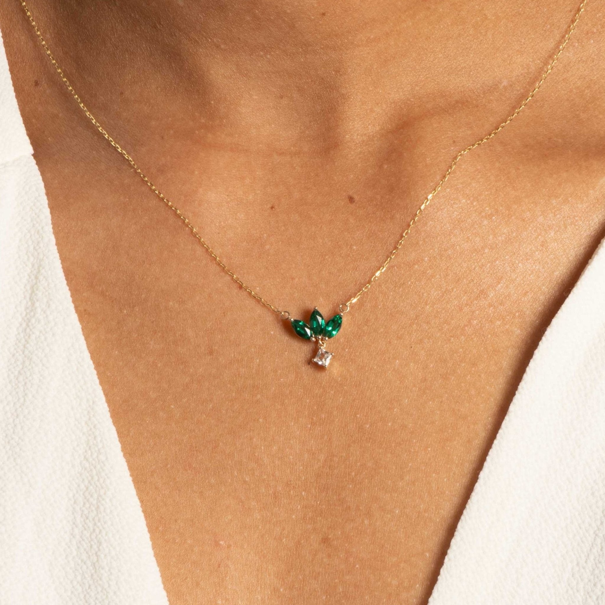 Emerald Marquise Flower Necklace with a Princess Cut White Sapphire Dangle Necklaces Estella Collection #product_description# 32692 10k Birthstone Birthstone Jewelry #tag4# #tag5# #tag6# #tag7# #tag8# #tag9# #tag10#