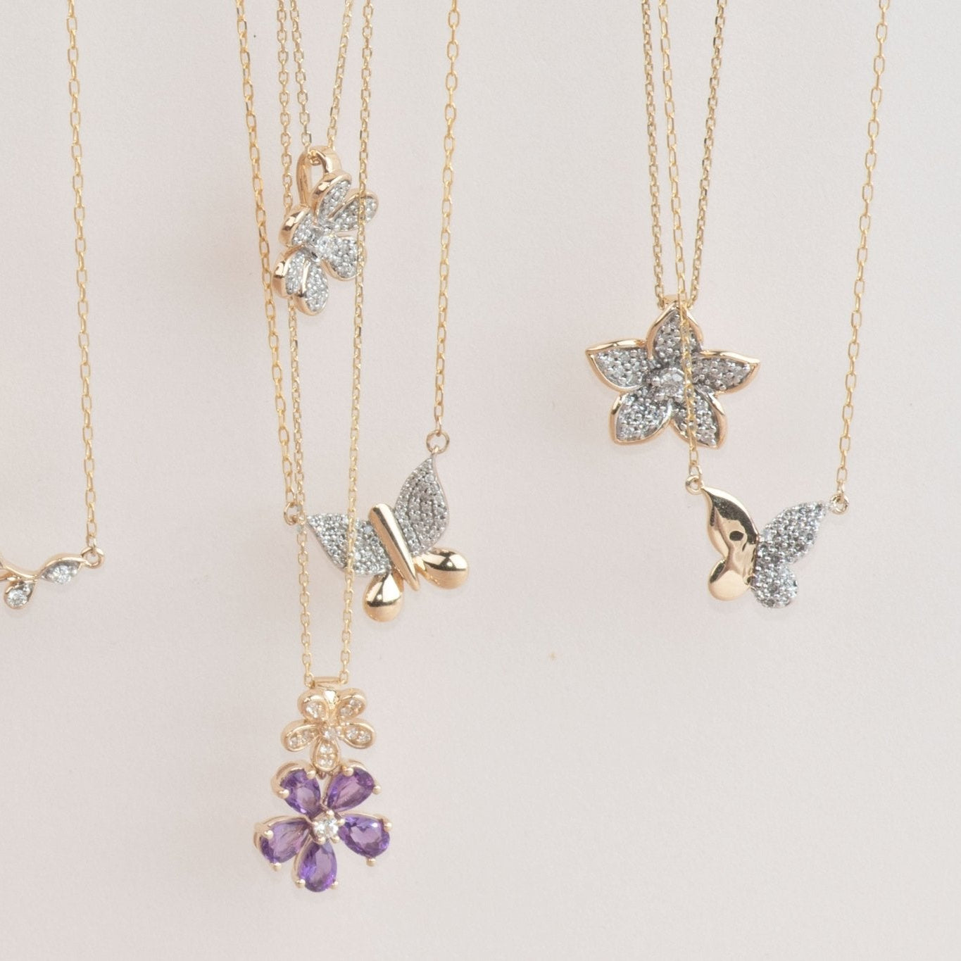 Pavé Five Flower Diamond Petal Necklace with Thin Gold Bezel in Solid 10k Yellow Gold