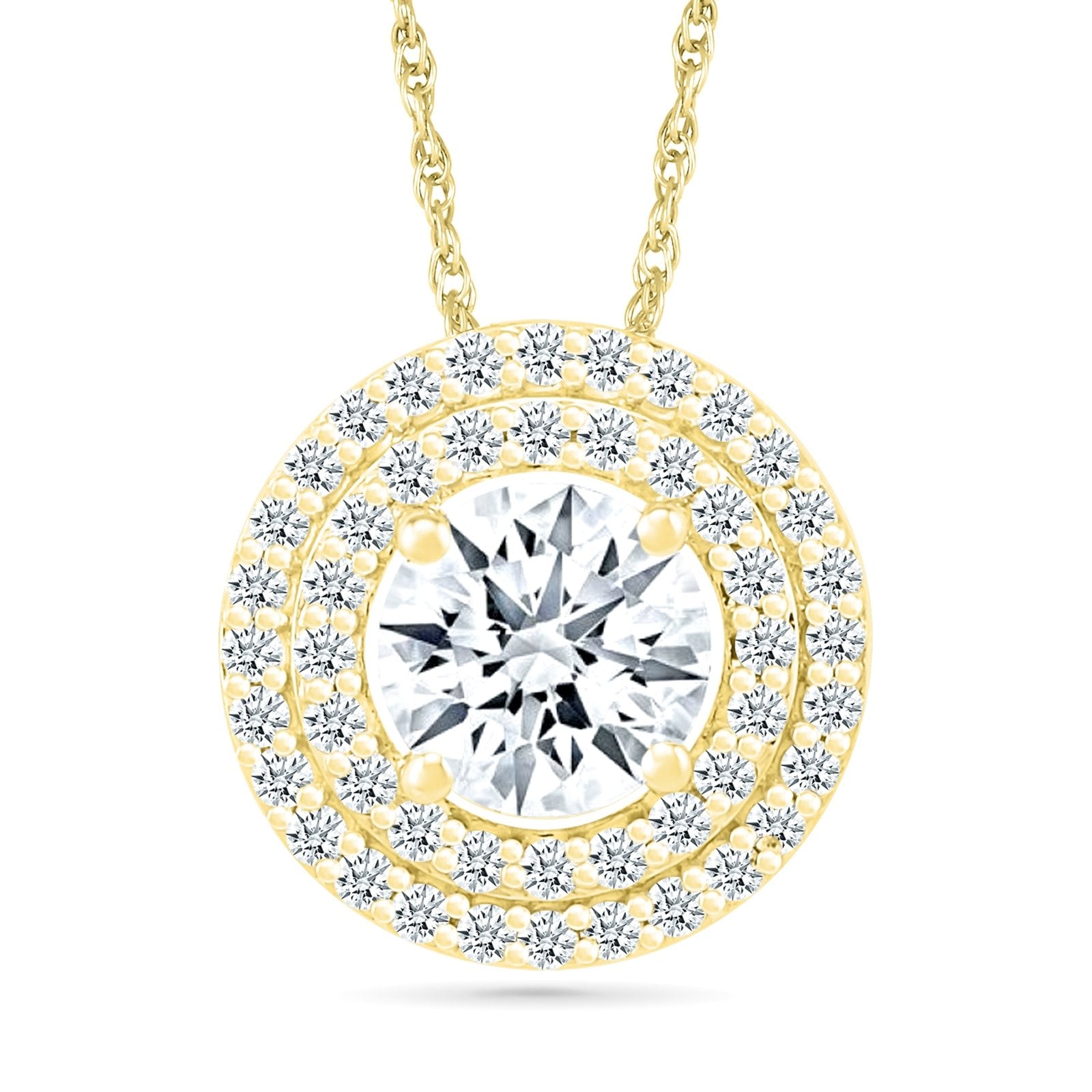 Round White Sapphire Pendant with Double White Sapphire Halo Necklaces Estella Collection 32722 Made to Order White Sapphire Yellow Gold #tag4# #tag5# #tag6# #tag7# #tag8# #tag9# #tag10#