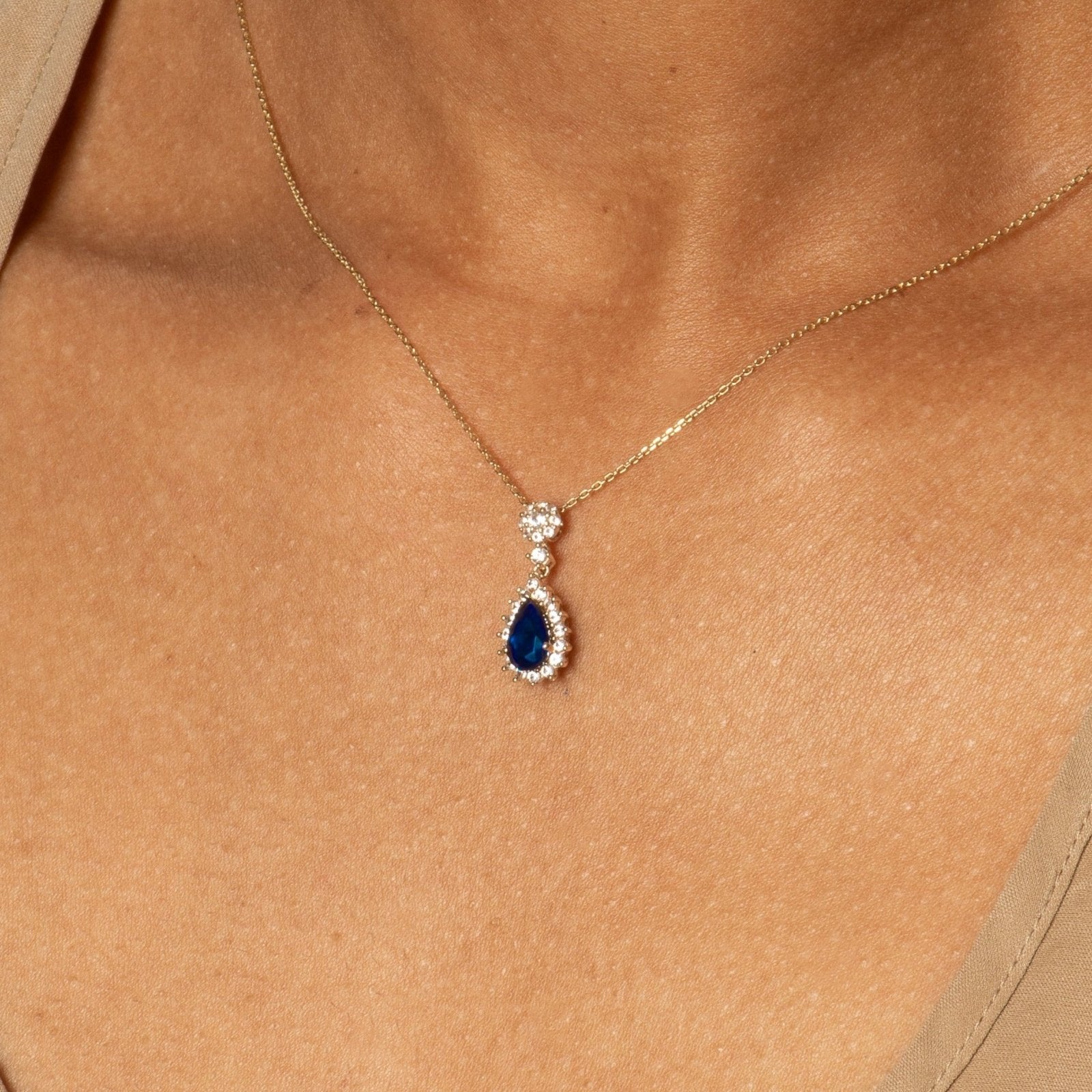 Teardrop Shaped Sapphire with White Sapphire Halo Necklaces Estella Collection 32721 10k 925 Birthstone #tag4# #tag5# #tag6# #tag7# #tag8# #tag9# #tag10#