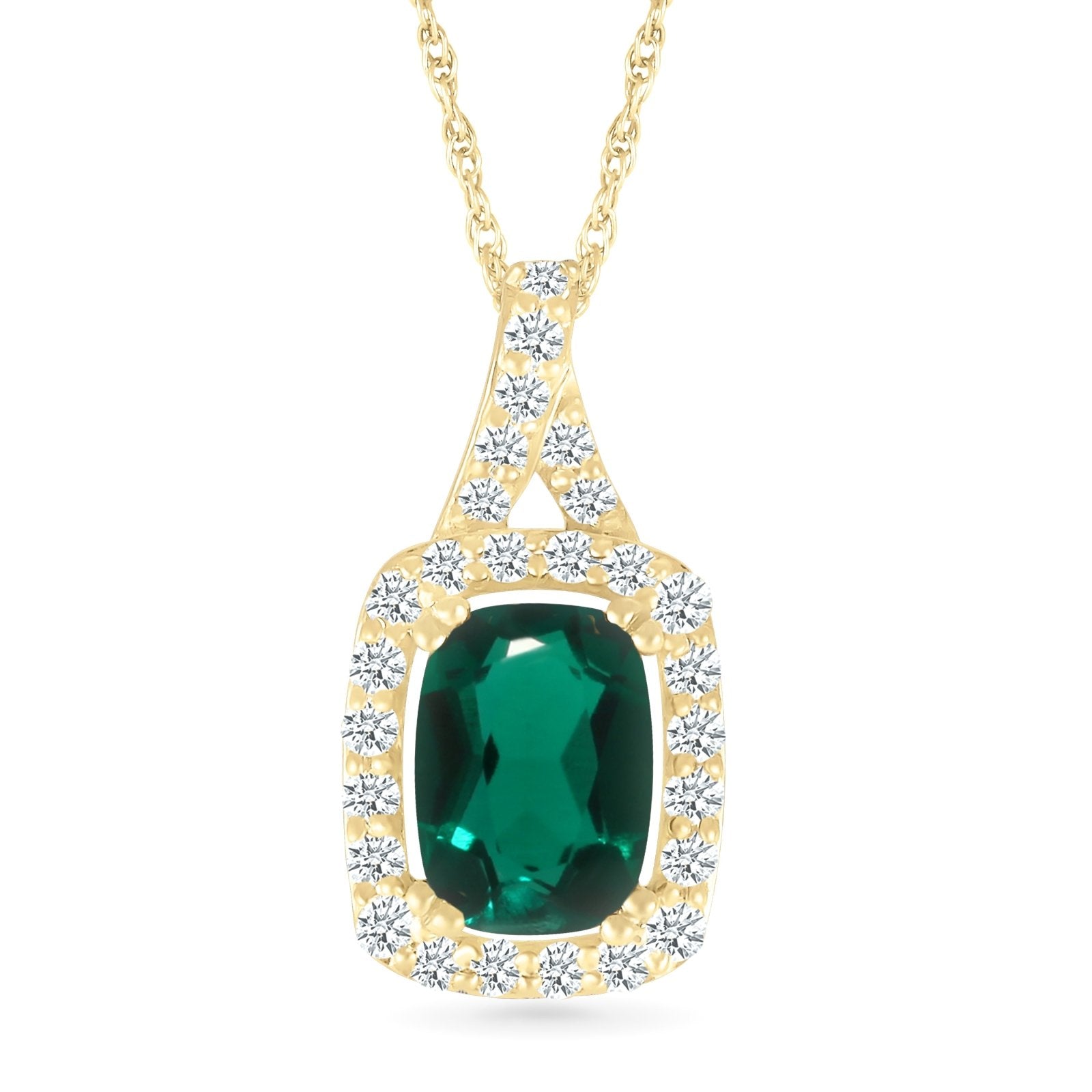 Cushion Cut Emerald Pendant with White Sapphire Halo and Bail Necklaces Estella Collection 32729 10k Birthstone Birthstone Jewelry #tag4# #tag5# #tag6# #tag7# #tag8# #tag9# #tag10#