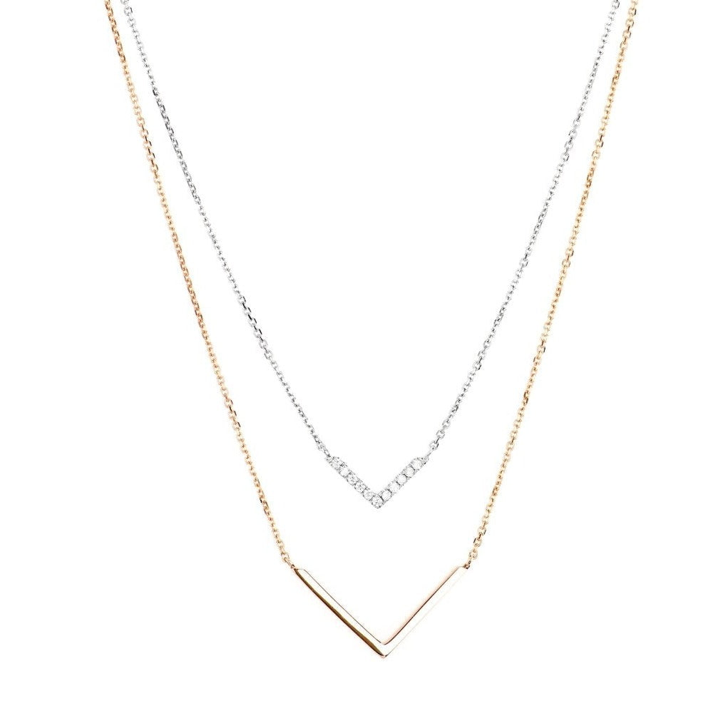 Diamond Double Chevron Necklace in Solid 14k Two-Tone White and Rose Gold Necklaces Estella Collection #product_description# Birthstone Birthstone Jewelry Colorless Gemstone #tag4# #tag5# #tag6# #tag7# #tag8# #tag9# #tag10#