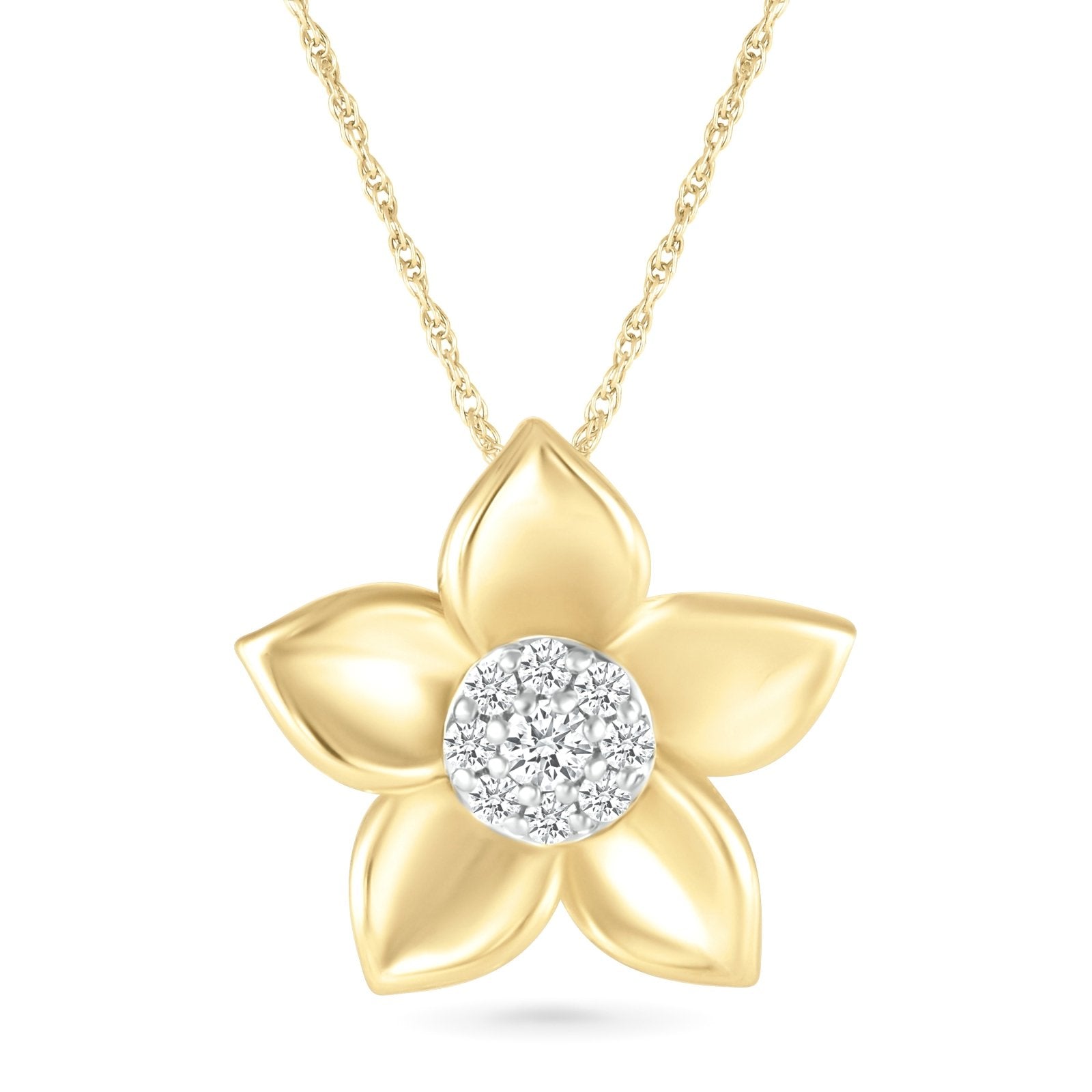 Diamond Pave Center Flower Pendant with Five Gold Petals Necklaces Estella Collection 32738 10k April Birthstone Colorless Gemstone #tag4# #tag5# #tag6# #tag7# #tag8# #tag9# #tag10#