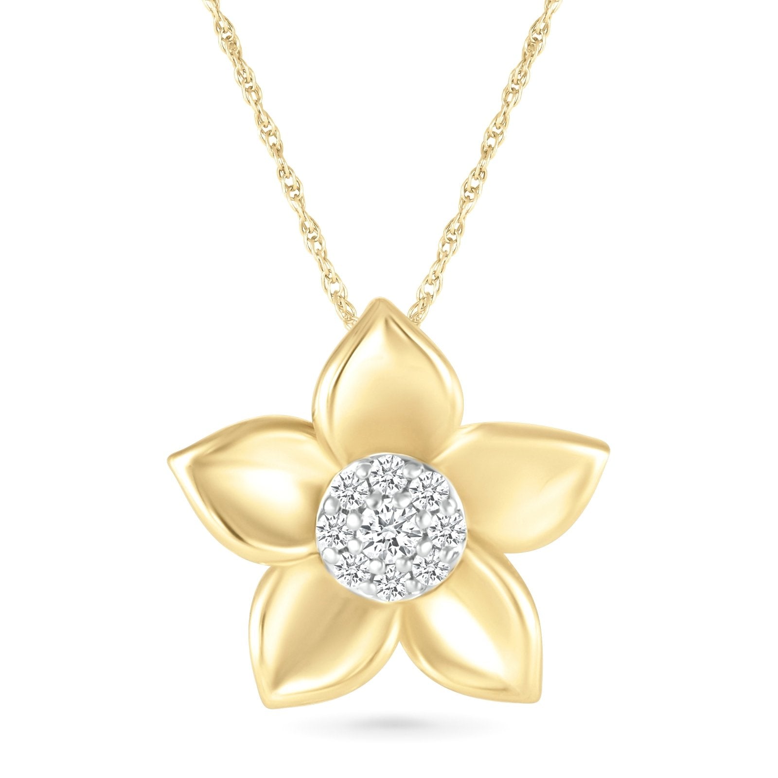 Diamond Pave Center Flower Pendant with Five Gold Petals Necklaces Estella Collection #product_description# 32738 10k April Birthstone Colorless Gemstone #tag4# #tag5# #tag6# #tag7# #tag8# #tag9# #tag10#