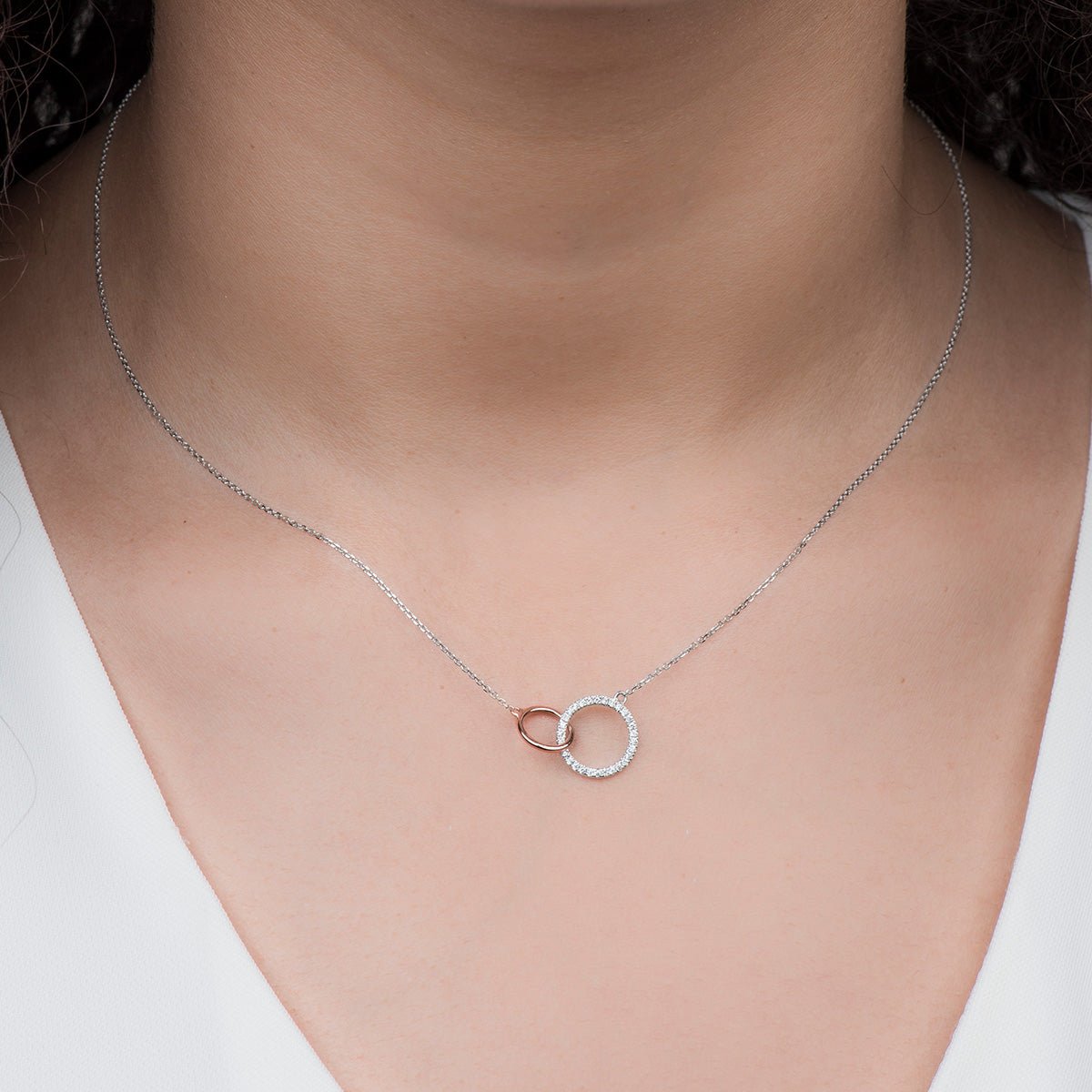 Interlocking Circles Diamond Necklace in Solid 14k Two-Tone White and Rose Gold Necklaces Estella Collection #product_description# 14k Diamond Gemstone #tag4# #tag5# #tag6# #tag7# #tag8# #tag9# #tag10#