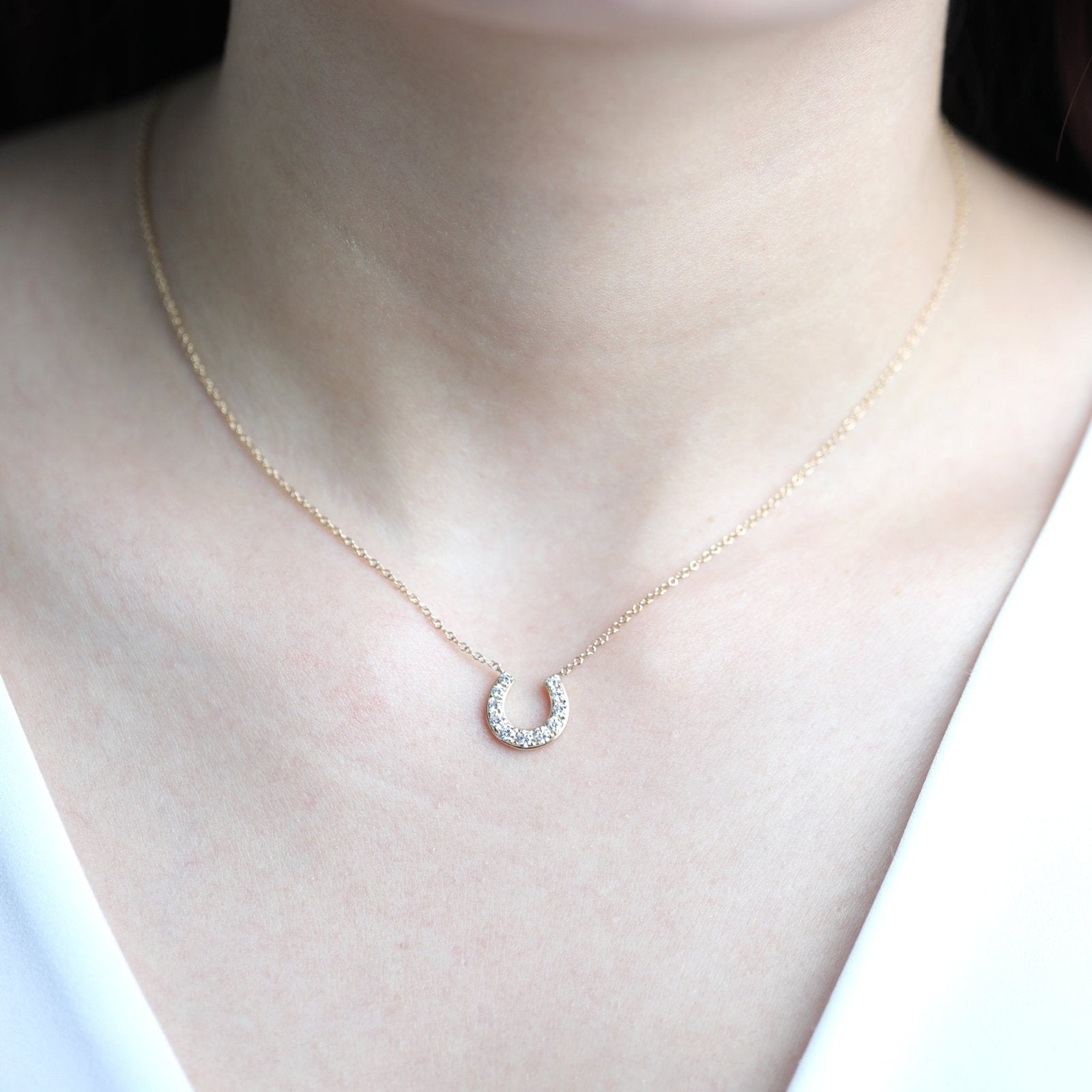 Lucky Diamond Pavé Horseshoe Pendant Necklace Necklaces Estella Collection 17719 14k Diamond Gemstone #tag4# #tag5# #tag6# #tag7# #tag8# #tag9# #tag10# 14K Rose Gold