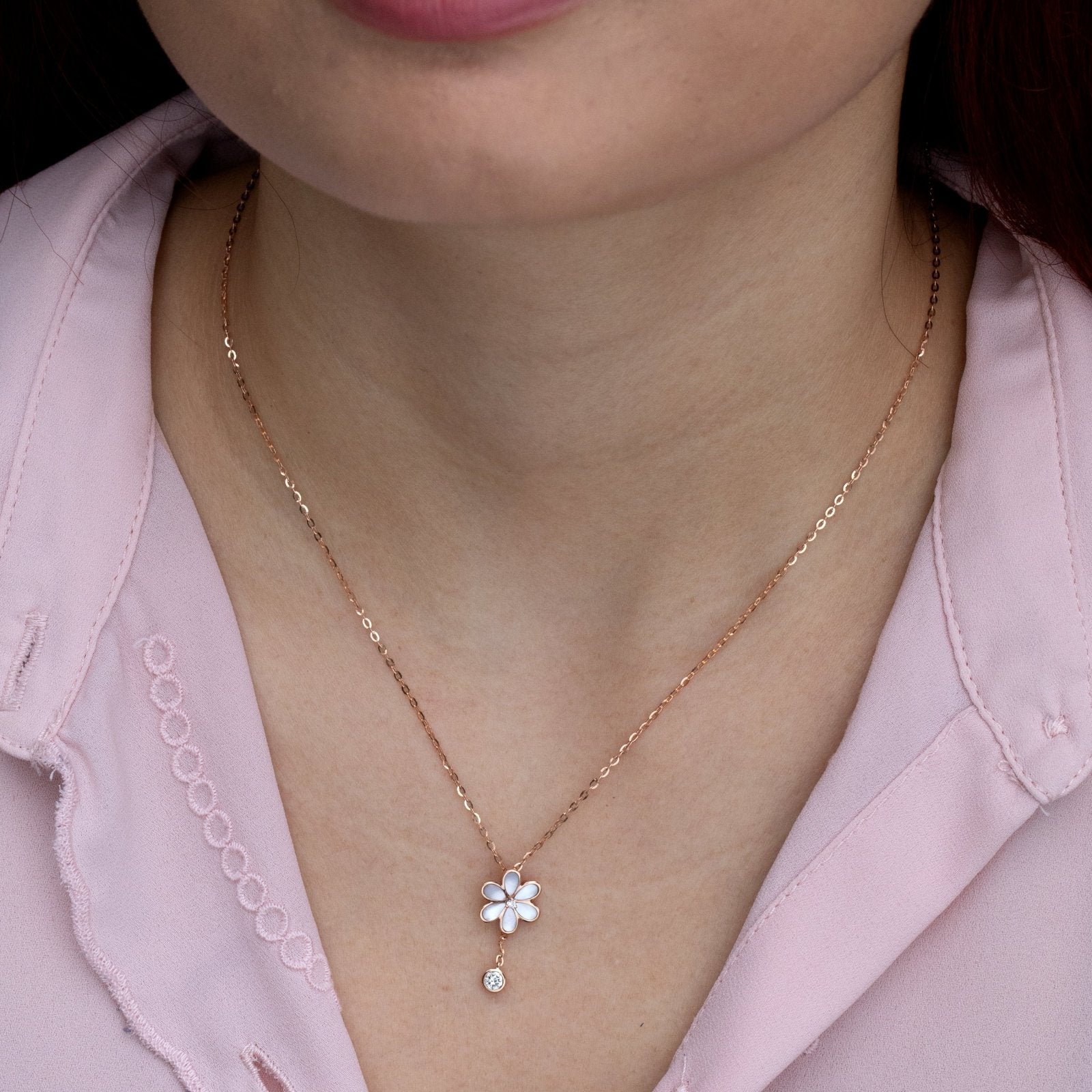 Mother of Pearl Flower and Diamond Drop Lariat Necklace Necklaces Estella Collection #product_description# 14k Birthstone Diamond #tag4# #tag5# #tag6# #tag7# #tag8# #tag9# #tag10#