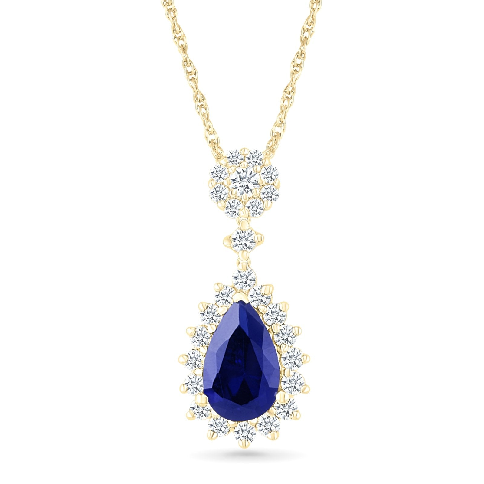 Teardrop Shaped Sapphire with White Sapphire Halo Necklaces Estella Collection 32721 10k 925 Birthstone #tag4# #tag5# #tag6# #tag7# #tag8# #tag9# #tag10#