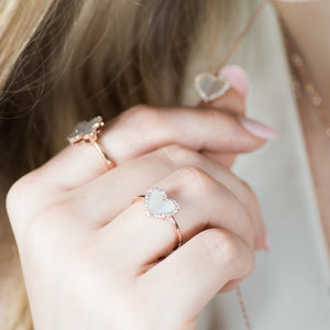 Mother of Pearl Heart with Diamond Halo Ring in Solid 14k Rose Gold Rings