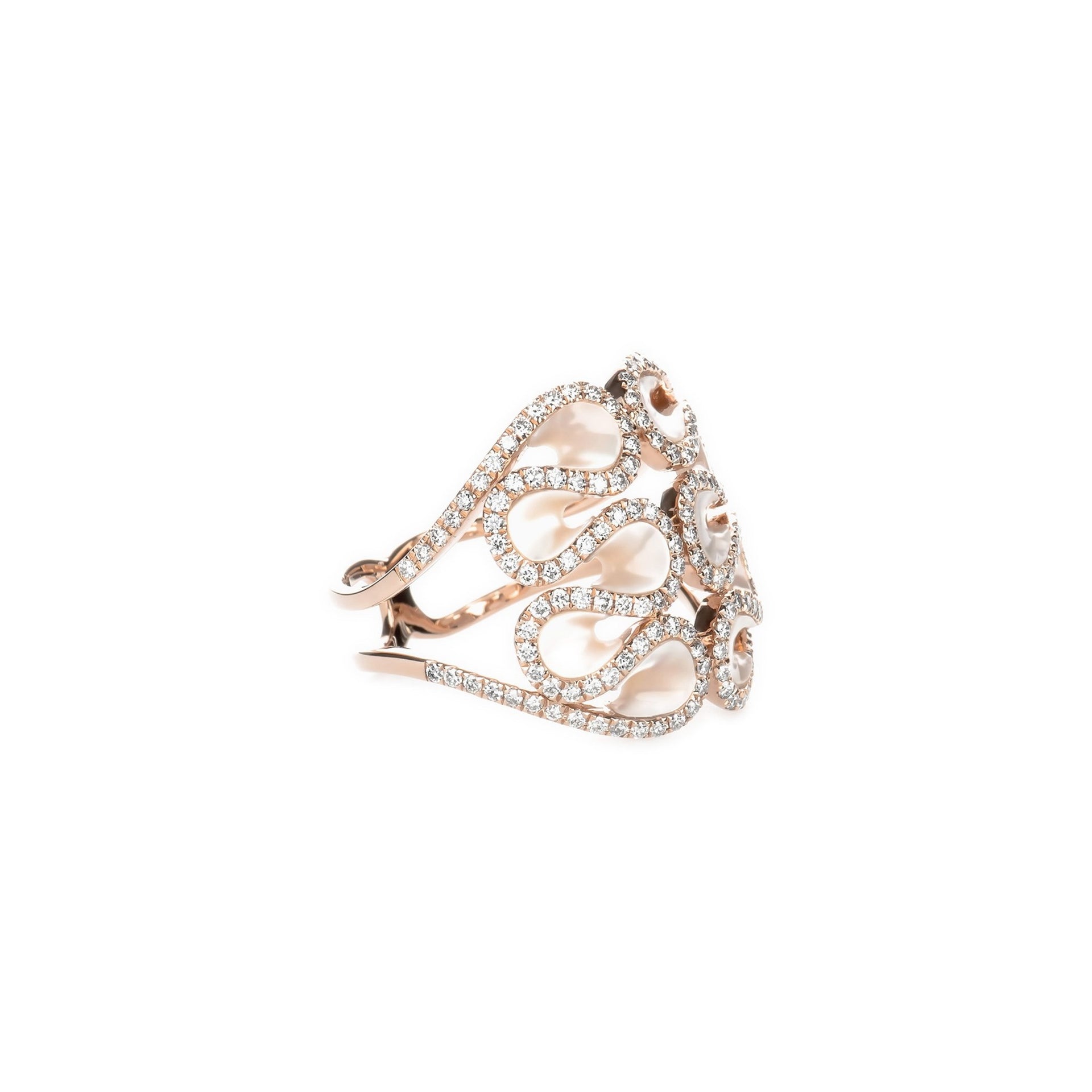 Abstract Swirl Mother Of Pearl and Diamond Cocktail Ring in Solid 14k Rose Gold