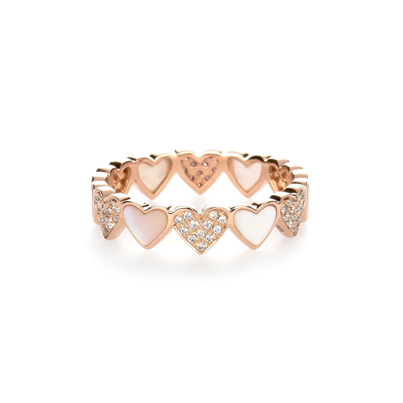 Alternating Diamond and Mother of Pearl Heart Eternity Band in Solid 14k Rose Gold