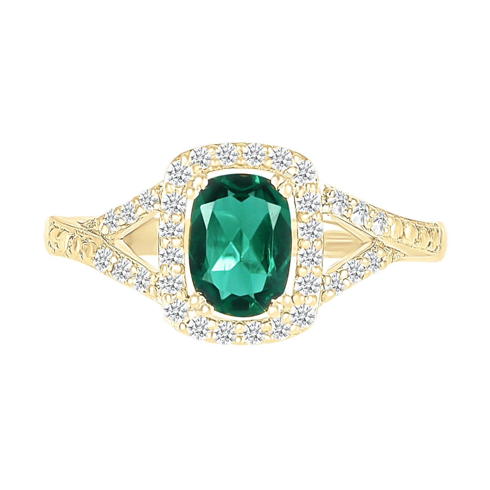 Cushion Cut Emerald Ring with White Sapphire Halo and Split Shank Rings Estella Collection #product_description# 32752 10k Birthstone Birthstone Jewelry #tag4# #tag5# #tag6# #tag7# #tag8# #tag9# #tag10#